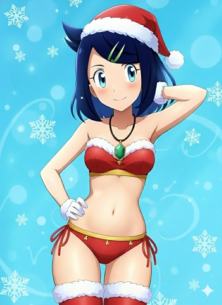 alexkonakona, liko (pokemon), nintendo, pokemon, pokemon (anime), pokemon horizons, commentary, 1girl, alternate costume, bikini, black hair, blue background, blush, closed mouth, collarbone, cowboy shot, cowlick, fur-trimmed thighhighs, fur trim, gloves, hair ornament, hairclip, hand on own hip, hand up, hat, jewelry, medium hair, navel, necklace, red bikini, red hat, red thighhighs, santa hat, side-tie bikini bottom, sideways glance, smile, snowflakes, solo, swimsuit, thighhighs, white gloves