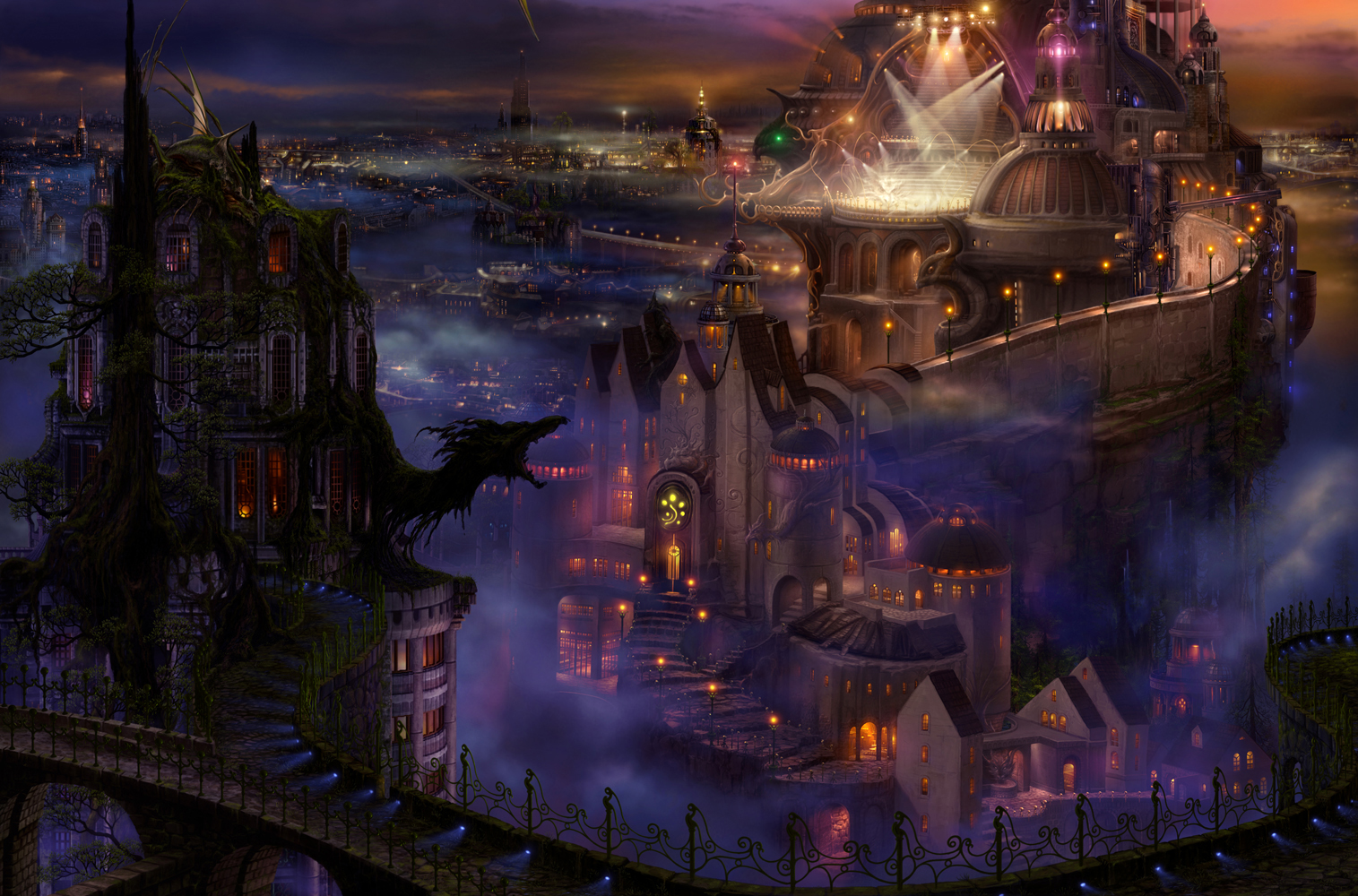 kazumasa uchio, uchio kazumasa, original, building, city, cityscape, creature, dragon, fantasy, fog, grand scale, night, no humans, scenery, stage, stage lights