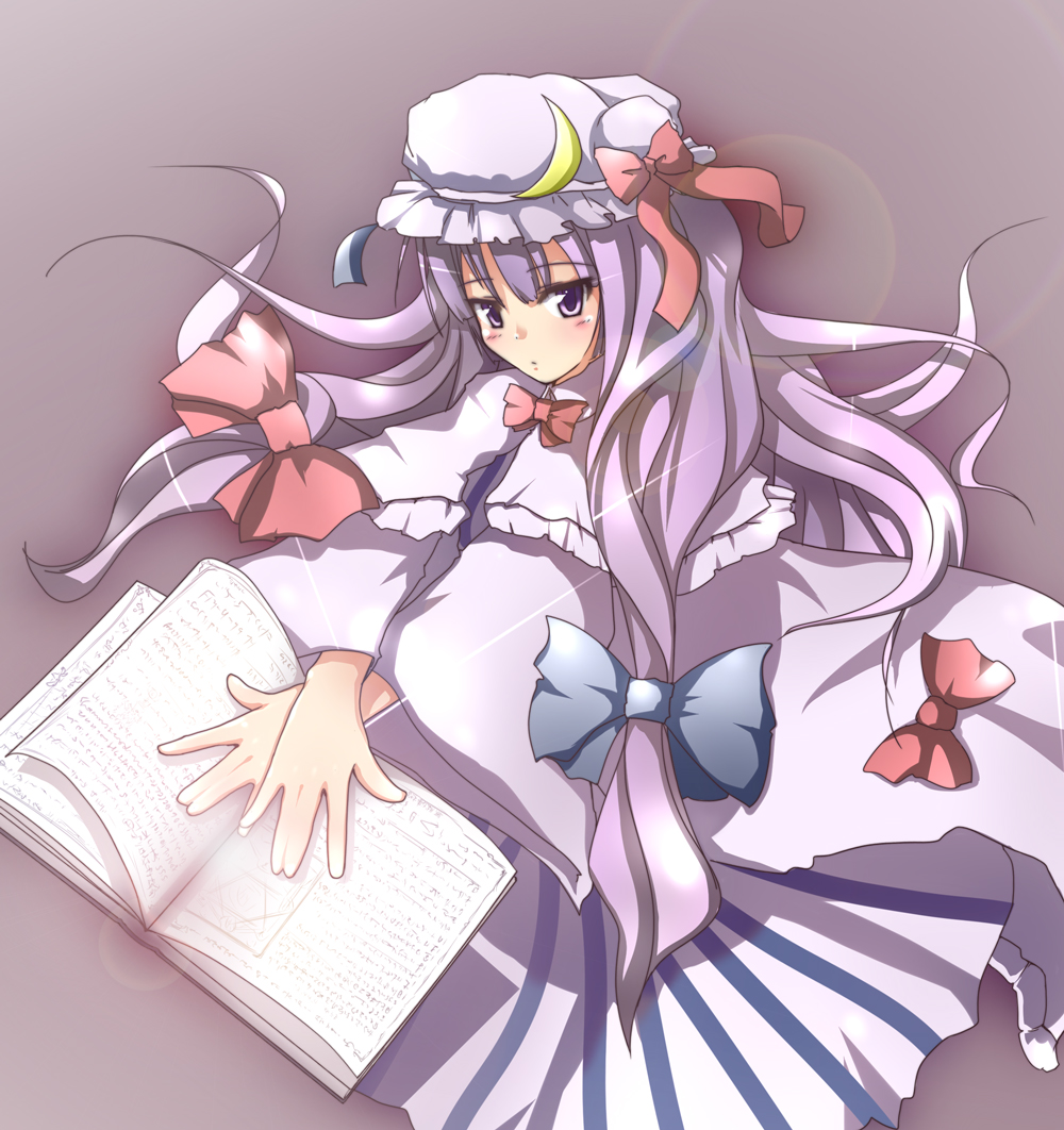 natsume riu, patchouli knowledge, touhou, 1girl, book, female focus, hat, long hair, purple eyes, purple hair, solo