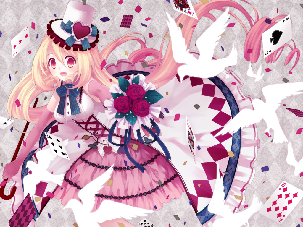 koto (colorcube), melona (koto), original, bad id, bad pixiv id, 1girl, bird, blonde hair, bouquet, cane, card, dress, drill hair, elbow gloves, female focus, floating card, flower, gloves, hat, long hair, playing card, red eyes, red flower, red rose, rose, solo, top hat, very long hair