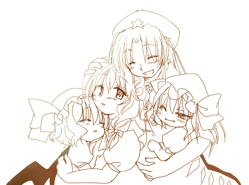 cherry blossoms (artist), sakura (doors), flandre scarlet, hong meiling, izayoi sakuya, remilia scarlet, embodiment of scarlet devil, touhou, bad id, bad pixiv id, 4girls, beret, blush, braid, female focus, group hug, hat, hug, long hair, mob cap, multiple girls, single braid, star (symbol), upper body, white background, yuri