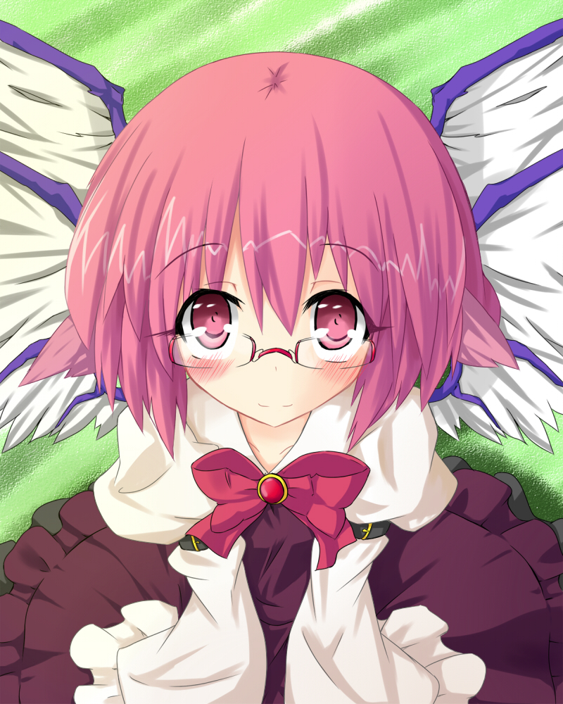 urimono, mystia lorelei, touhou, bad id, bad pixiv id, 1girl, animal ears, bespectacled, blush, bow, dress, female focus, glasses, looking at viewer, looking up, no headwear, pink eyes, pink hair, short hair, solo, wings