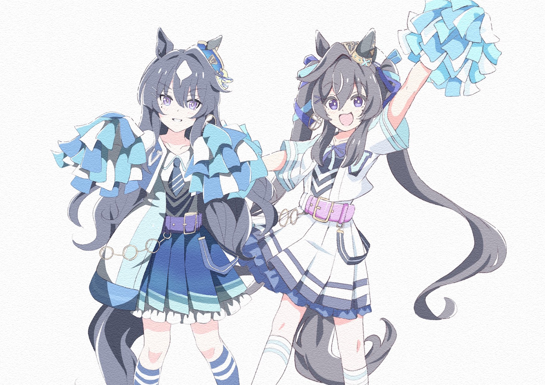 hakugitsu, verxina (umamusume), vivlos (umamusume), umamusume, highres, 2girls, animal ears, belt, beret, black shirt, blue eyes, blue hair, blue necktie, blue ribbon, blue skirt, blue socks, blush, breasts, cheerleader, collarbone, collared shirt, ear covers, hair between eyes, hat, holding, holding pom poms, horse ears, horse girl, horse tail, jacket, kneehighs, long hair, looking at viewer, mole, mole under eye, multicolored hair, multiple girls, necktie, open mouth, parted lips, pink belt, pleated skirt, pom pom (cheerleading), pom poms, purple belt, purple eyes, ribbon, shirt, shoes, siblings, simple background, single ear cover, sisters, skirt, smile, socks, solo, streaked hair, tail, twintails, white background, white hat, white jacket, white shirt, white skirt, white socks
