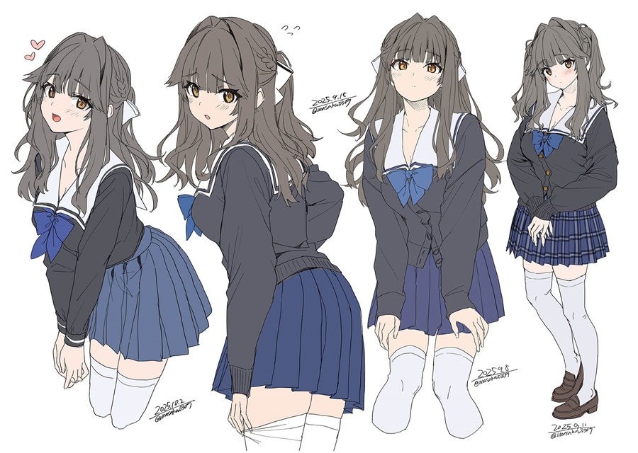 unasaka ryou, original, commentary request, 1girl, black cardigan, blue bow, blue skirt, bow, breasts, brown eyes, cardigan, collarbone, grey hair, heart, long hair, long sleeves, looking at viewer, multiple views, open mouth, pleated skirt, sailor collar, school uniform, shoes, simple background, skirt, smile, thighhighs, twintails, white background, white sailor collar, white thighhighs