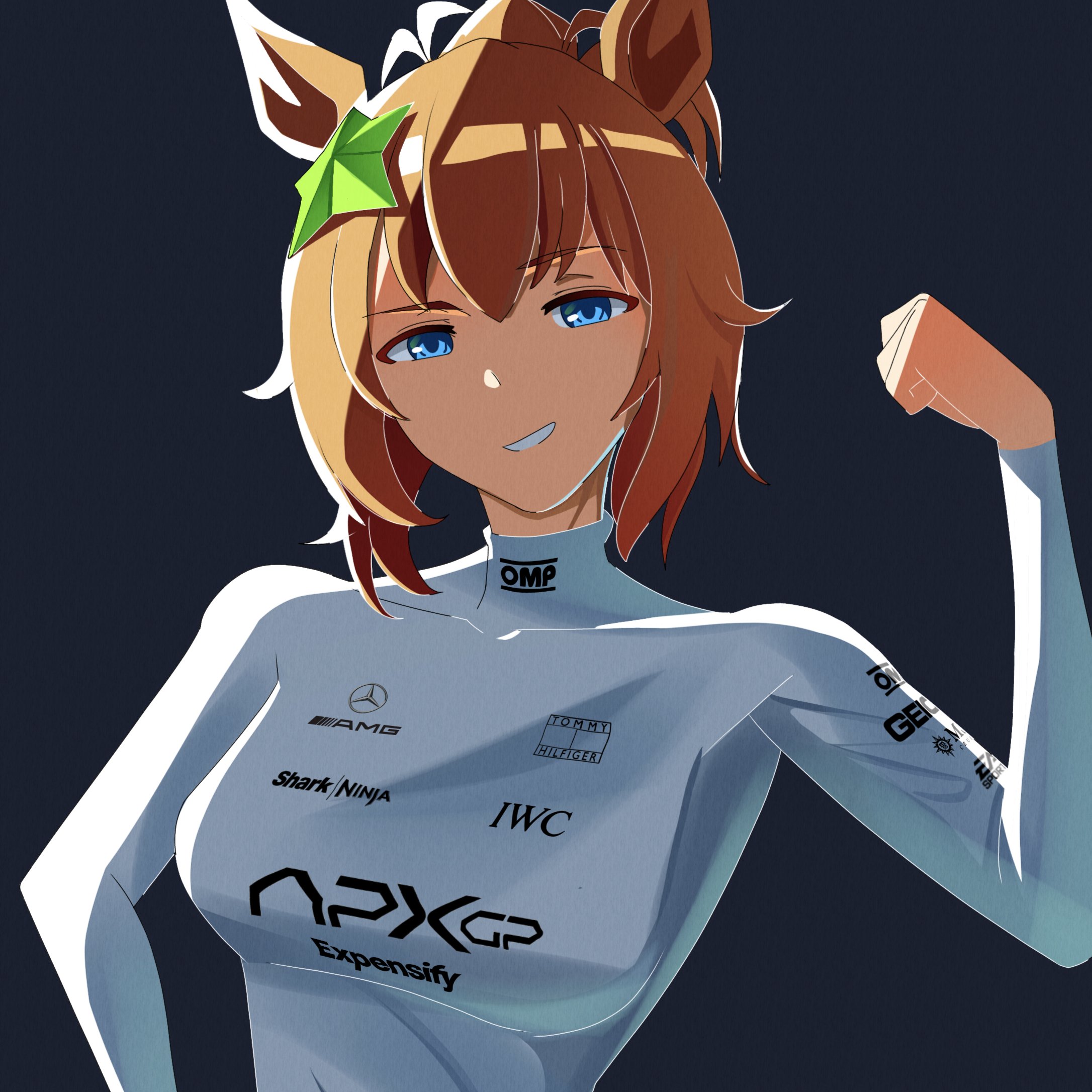 toyeeta prius, taiki shuttle (umamusume), formula one, umamusume, hashtag-only commentary, highres, 1girl, animal ears, blue eyes, breasts, brown hair, hair between eyes, hair ornament, horse ears, horse girl, long hair, medium breasts, open mouth, ponytail, racing suit, simple background, smile, solo, star (symbol), star hair ornament, upper body, white racing suit