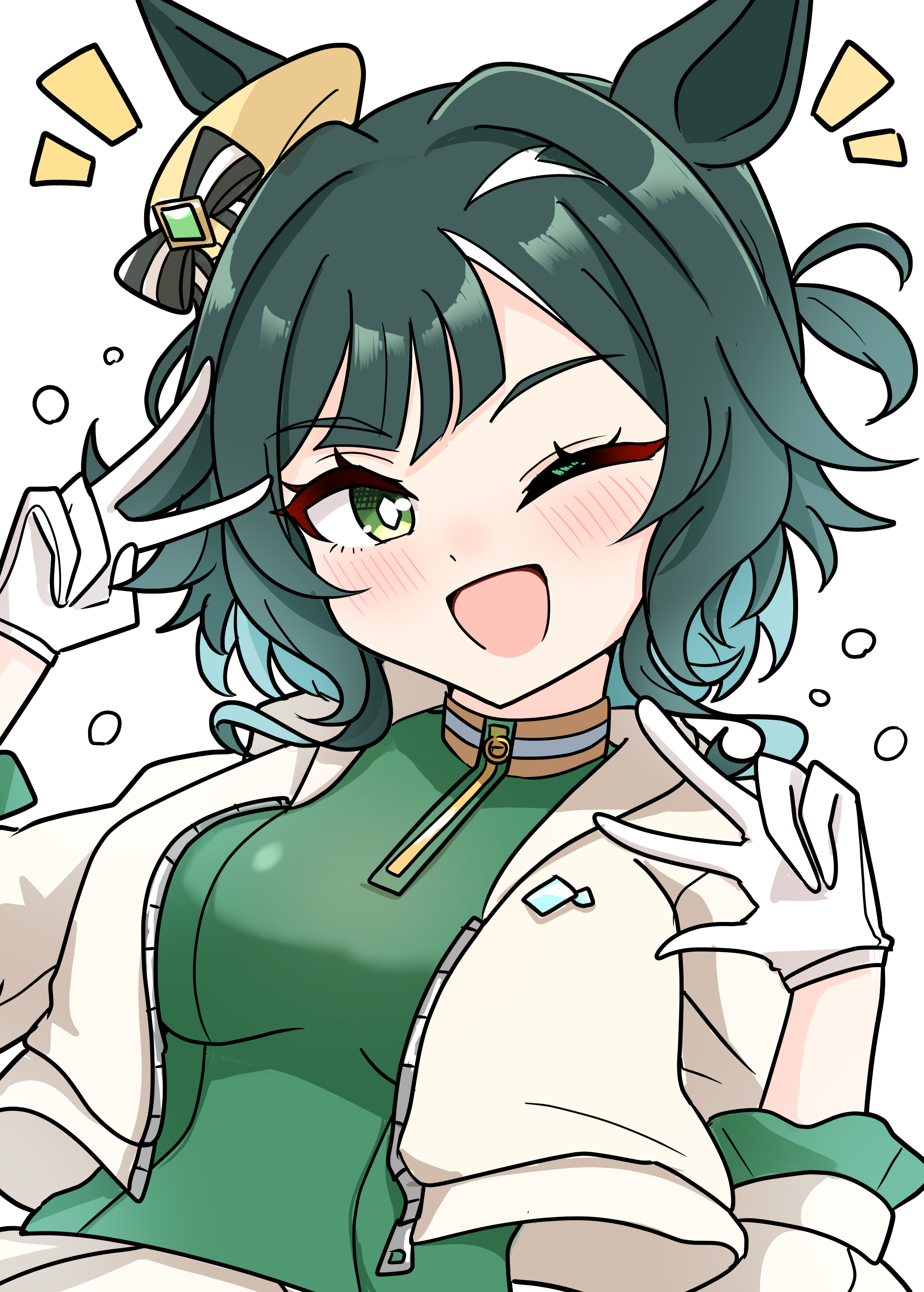 arnolddayo, umamusume, absurdres, commentary request, highres, 1girl, animal ears, blush, breasts, ears through headwear, gloves, green eyes, green hair, green sweater, hair between eyes, horse ears, horse girl, jacket, kiseki (umamusume), medium breasts, medium hair, multicolored hair, one eye closed, open clothes, open jacket, open mouth, simple background, smile, solo, sweater, upper body, v, w, white gloves, white jacket, white streaks, yellow beret