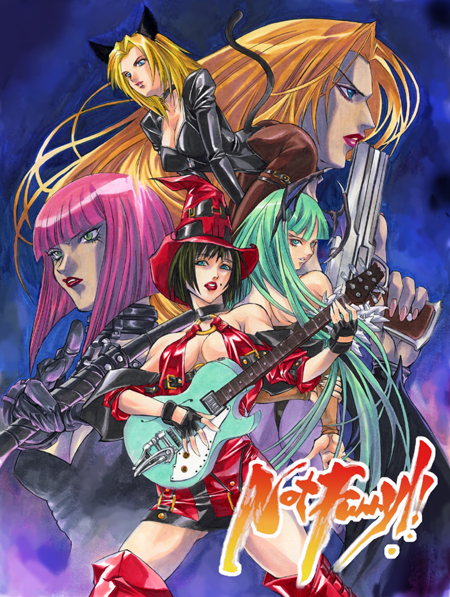 i-no, morrigan aensland, tina armstrong, trish (devil may cry), arc system works, capcom, darkstalkers, dead or alive, guilty gear, tecmo, animal ears, aqua hair, black hair, cat ears, cat tail, crossover, guitar, gun, handgun, instrument, long hair, mole, pink hair, pistol, tail, weapon