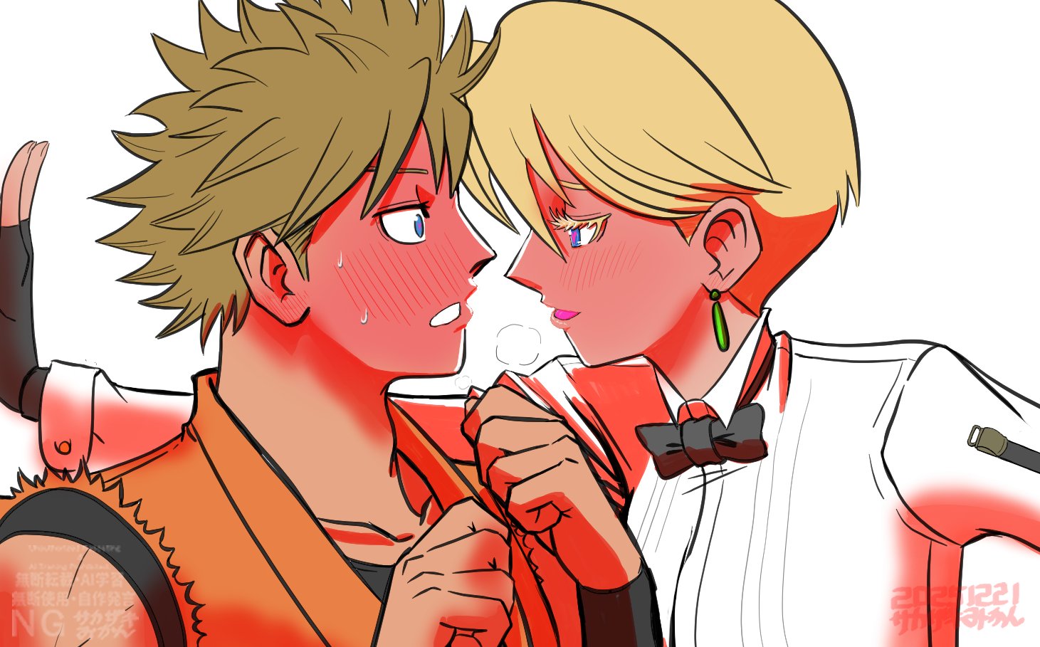 geta0201, king (snk), ryou sakazaki, ryuuko no ken, the king of fighters, 1girl, blonde hair, blue eyes, bow, bowtie, breasts, formal clothes, gloves, long sleeves, shirt, short hair, white shirt