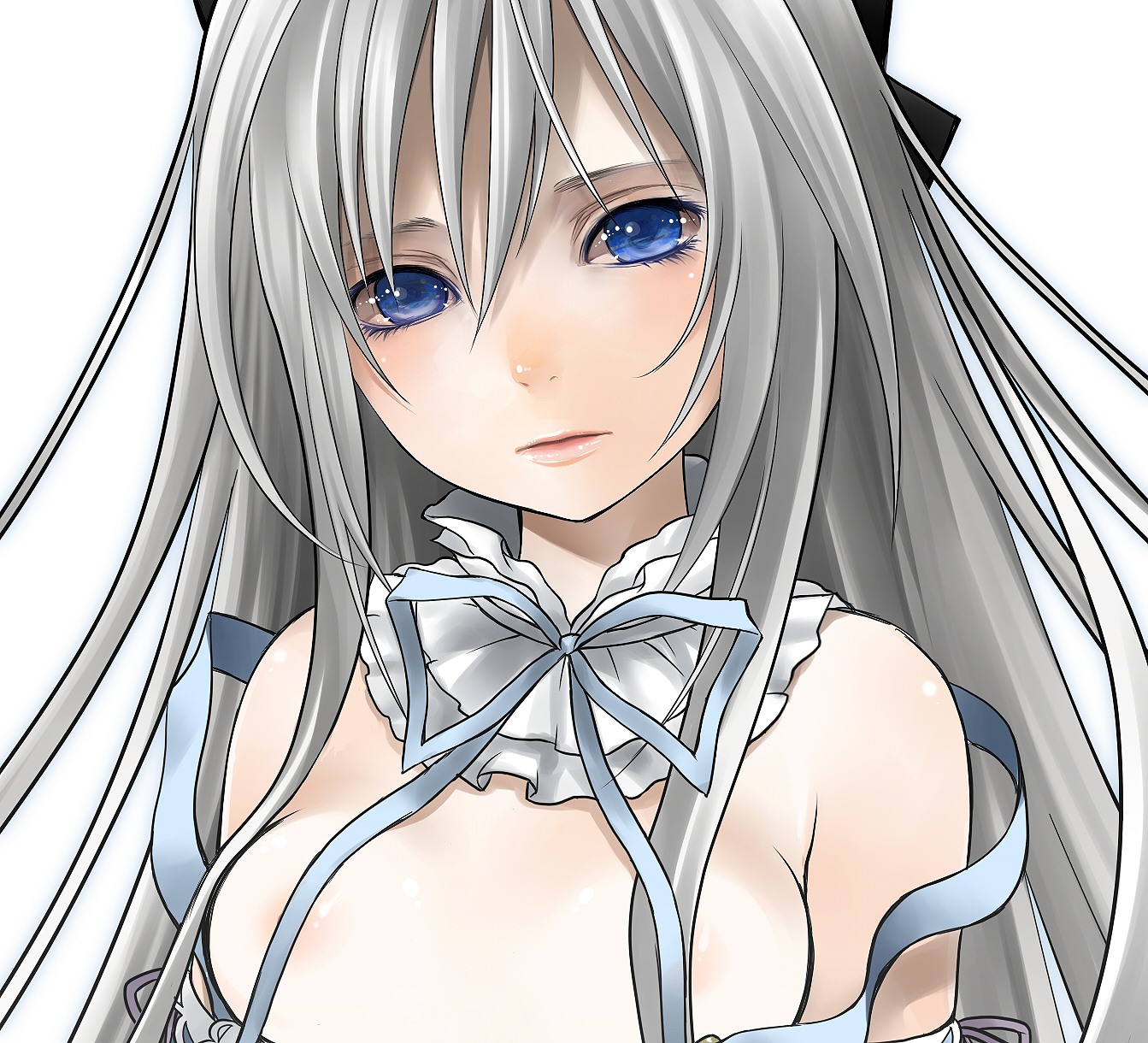 makita maki, original, bad id, bad pixiv id, highres, 1girl, bare shoulders, blue eyes, bow, censored, convenient censoring, female focus, grey hair, hair over breasts, long hair, solo, strap slip