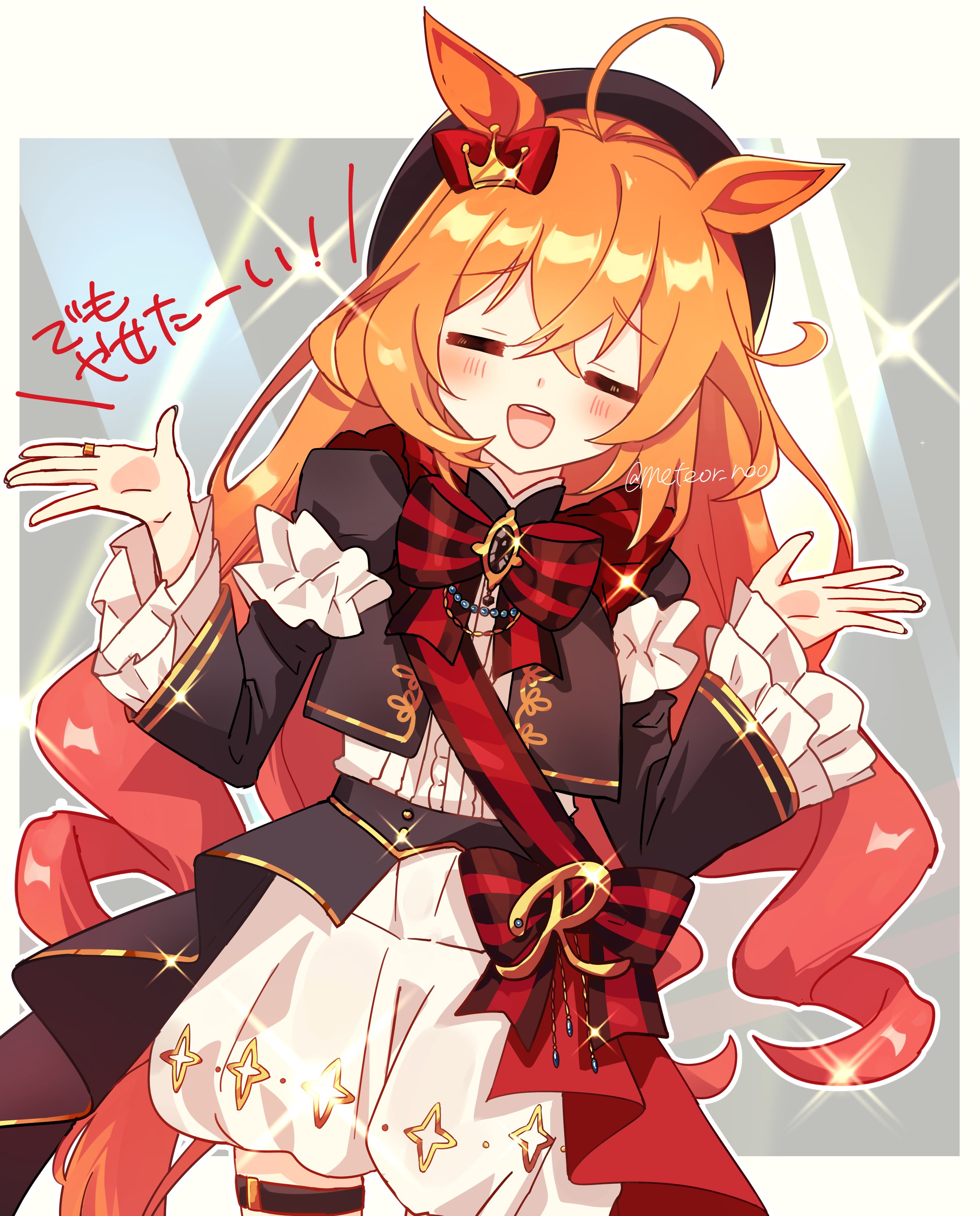 norun (ru-on), the royal family (tv series), absurdres, commentary request, highres, 1girl, ahoge, animal ears, armband, beret, black gem, black jacket, blush, bow, closed eyes, crown hair ornament, ear bow, facing viewer, frilled armband, frills, gem, hair between eyes, hair ornament, hat, horse ears, horse girl, horse tail, jacket, long hair, open mouth, orange hair, orange tail, red bow, red sash, ribbon, royal family (the royal family), sash, shirt, shorts, smile, tail, thigh strap, white shirt, white shorts