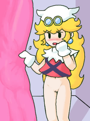 princess peach, x-naut, mario (series), nintendo, paper mario, paper mario: the thousand-year door, super mario bros. 1, super mario rpg, artist request, lowres, tagme, third-party source, 1girl, alternate costume, blonde hair, blouse, blush, bottomless, cleft of venus, cosplay, earrings, feet out of frame, female focus, gloves, goggles, goggles on head, jewelry, legs together, long hair, mask, midriff peek, navel, nervous, official style, pussy, red shirt, shadow, shirt, sleeveless, sleeveless shirt, solo, standing, uncensored, white gloves, x-naut (cosplay)