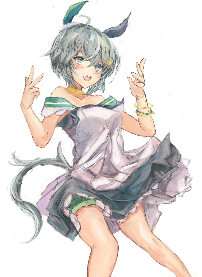 yanagi wakana, seiun sky (reeling in the big one) (umamusume), seiun sky (umamusume), umamusume, commentary request, 1girl, animal ears, blue eyes, blush, bracelet, breasts, choker, dress, ear covers, flower, green sailor collar, green shorts, grey hair, hair between eyes, hair flower, hair ornament, hairclip, horse ears, horse girl, horse tail, jewelry, off-shoulder dress, off shoulder, open mouth, sailor collar, short hair, shorts, shorts under dress, simple background, single ear cover, small breasts, smile, solo, sunflower, sunflower hair ornament, tail, white background, white dress, yellow choker