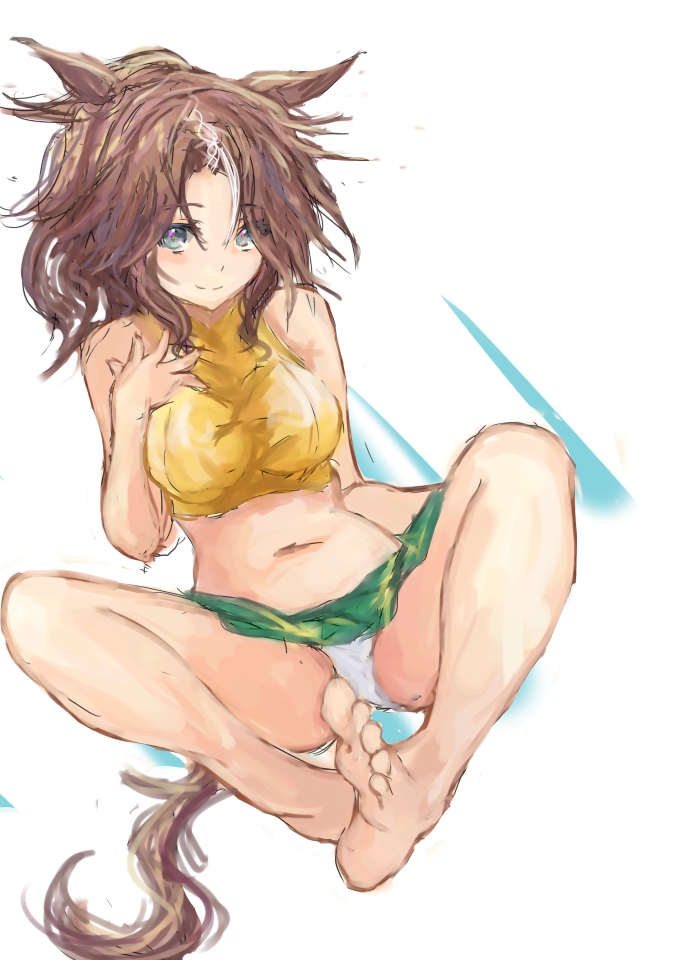 yanagi wakana, mejiro palmer (line breakthrough) (umamusume), mejiro palmer (umamusume), umamusume, commentary request, 1girl, animal ears, bare shoulders, barefoot, blue eyes, blush, breasts, brown hair, closed mouth, crop top, cropped shirt, green skirt, hair between eyes, horse ears, horse girl, horse tail, looking at viewer, multicolored hair, navel, panties, shirt, skirt, sleeveless, sleeveless shirt, smile, stomach, streaked hair, tail, underwear, white hair, white panties, yellow shirt