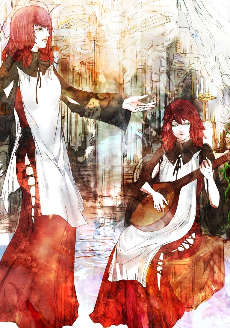 ruka (blueplus84), devola, popola, nier, nier (series), commentary request, 2girls, box, cross-laced slit, dress, green eyes, guitar, holding, holding guitar, holding instrument, instrument, long hair, long sleeves, multiple girls, music, on box, open mouth, playing guitar, playing instrument, red dress, red hair, siblings, singing, sisters, sitting, sitting on box, sitting on object, twins, wooden box