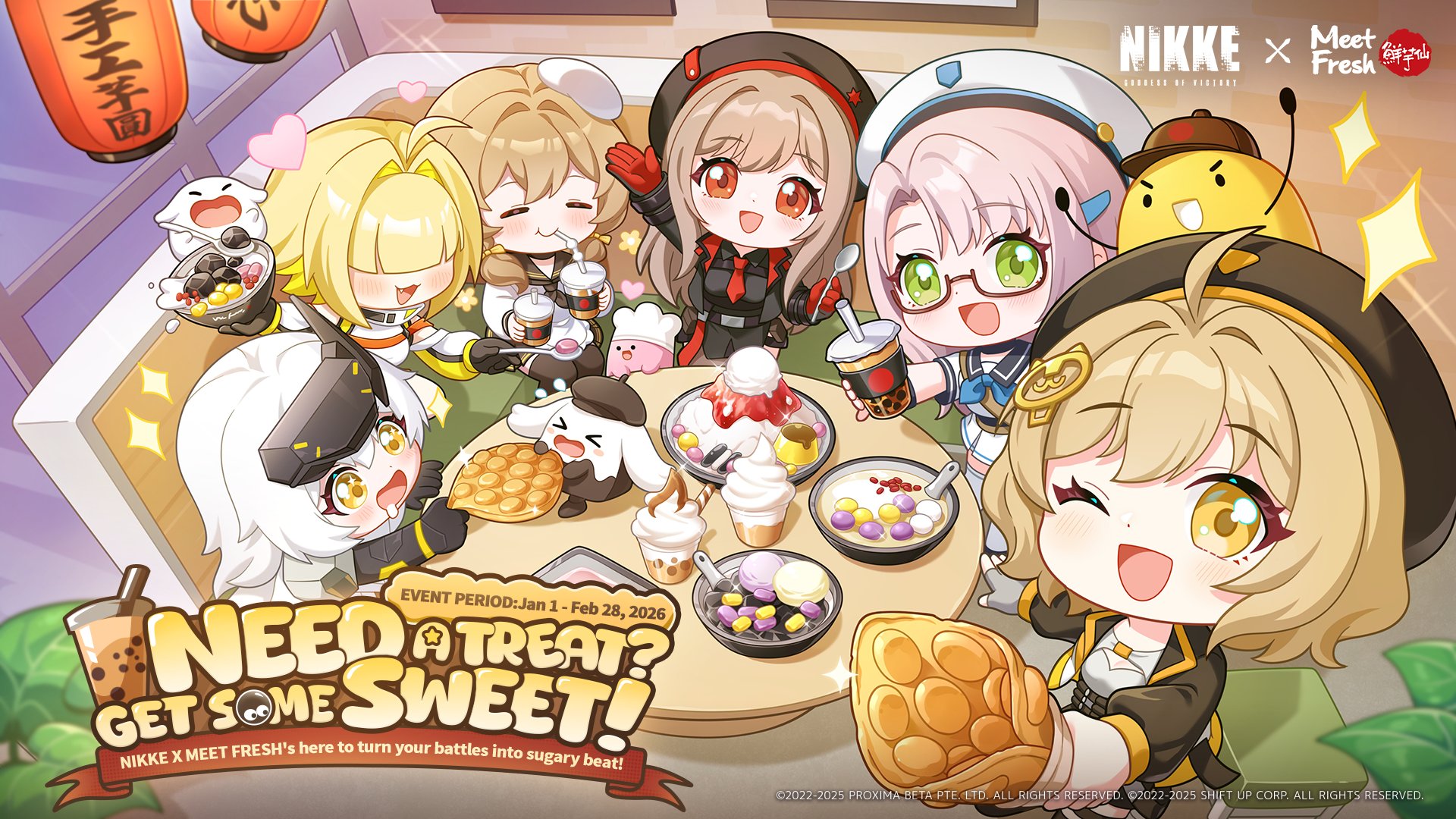 anis (nikke), bready (nikke), elegg (nikke), neon (nikke), rapi (nikke), snow white (nikke), goddess of victory: nikke, artist request, commentary, english commentary, highres, official art, 6+girls, apron, blonde hair, bow, bowl, breasts, bubble tea, cat hair ornament, chef hat, chibi, cleavage, cup, curtained hair, disposable cup, drinking, drinking straw, drooling, english text, fingerless gloves, food, frilled apron, frills, glasses, gloves, green eyes, grey hair, hair bow, hair intakes, hair ornament, hair over eyes, hat, holding, holding bowl, holding food, holding spoon, ice cream, indoors, lantern, long sleeves, looking at viewer, medium breasts, medium hair, multicolored hair, multiple girls, necktie, outstretched arm, paper lantern, pudding, red eyes, red gloves, red necktie, sailor collar, saliva, semi-rimless eyewear, shirt, sitting, skirt, soft serve, spoon, table, thighhighs, two-tone hair, white apron, white shirt, white skirt
