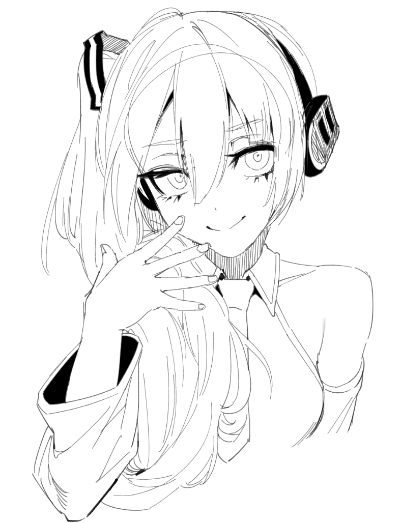 j.k., hatsune miku, vocaloid, commentary, 1girl, bare shoulders, headphones, long hair, meme, monochrome, necktie, romaji commentary, sidetail miku noodle stopper (meme), sketch, smile, solo, white eyes