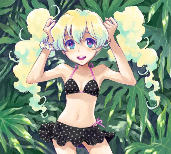 saikachi, saikachi (ogre tree), nia teppelin, tengen toppa gurren lagann, 00s, 1girl, adjusting hair, bikini, bikini skirt, black bikini, blonde hair, bunching hair, drawr, female focus, long hair, plant, polka dot, polka dot bikini, polka dot swimsuit, side-tie bikini bottom, skirt, solo, swimsuit, twintails