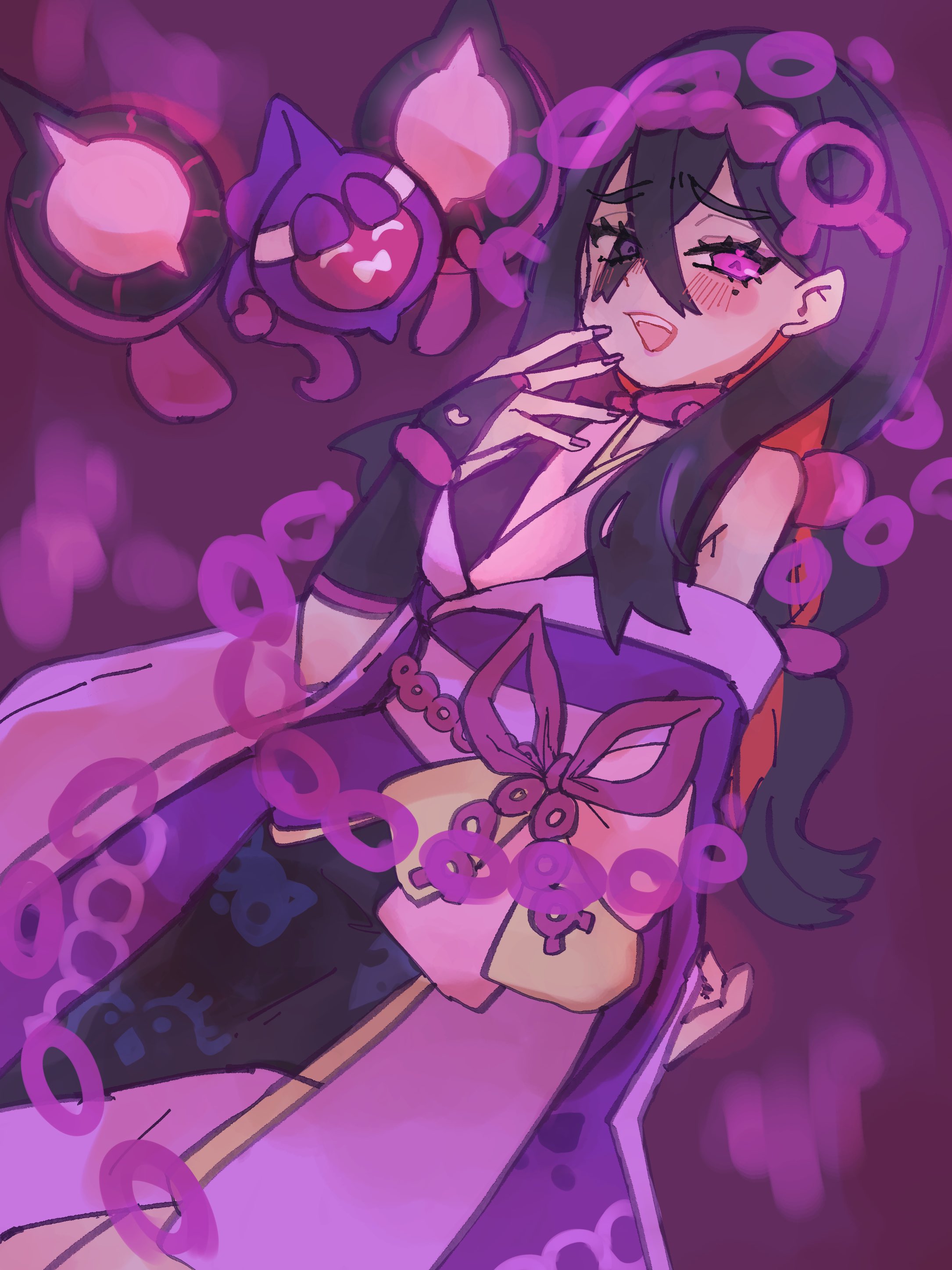 tacho baby, carmine (pokemon), pecharunt, nintendo, pokemon, pokemon masters ex, pokemon sv, highres, 1girl, 1other, alternate costume, black hair, blush, bow, corruption, crossed bangs, detached sleeves, dress, gloves, hair between eyes, hair bow, lips, long hair, long sleeves, looking at viewer, mind control, mochi mochi dance, mole, mole under eye, official alternate costume, pokemon (creature), purple dress, purple skirt, skirt, smile, standing, white bow, yellow eyes