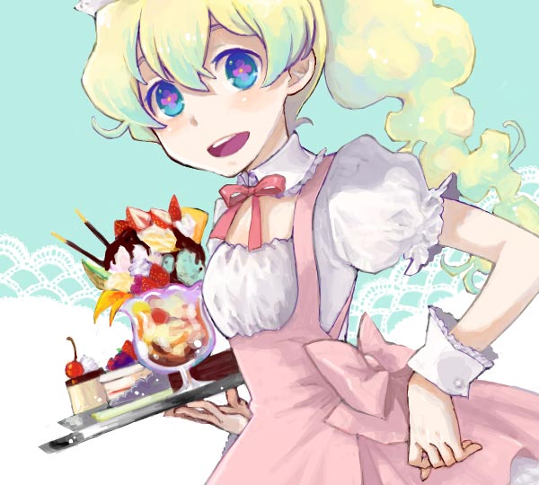 saikachi, saikachi (ogre tree), nia teppelin, tengen toppa gurren lagann, + +, 00s, 1girl, blonde hair, cake, cross-shaped pupils, drawr, female focus, food, fruit, ice cream, long hair, parfait, pastry, pocky, ponytail, pudding, ribbon, solo, strawberry, symbol-shaped pupils, tray, waitress, wrist cuffs