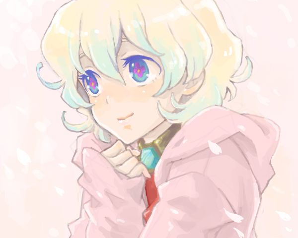 saikachi, saikachi (ogre tree), nia teppelin, tengen toppa gurren lagann, bad drawr id, bad id, + +, 00s, 1girl, blonde hair, cherry blossoms, cross-shaped pupils, drawr, female focus, portrait, short hair, solo, symbol-shaped pupils