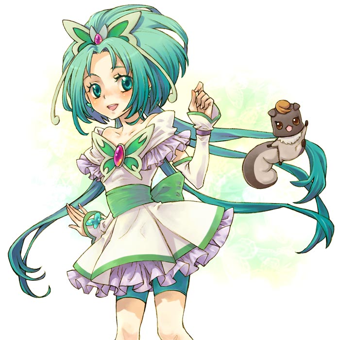 saikachi, saikachi (ogre tree), akimoto komachi, cure mint, nuts (yes! precure 5), precure, yes! precure 5, 00s, 1girl, bike shorts, butterfly hair ornament, eyelashes, frills, green eyes, green hair, green shorts, hair ornament, long hair, magical girl, ribbon, shorts, shorts under skirt, skirt, white background