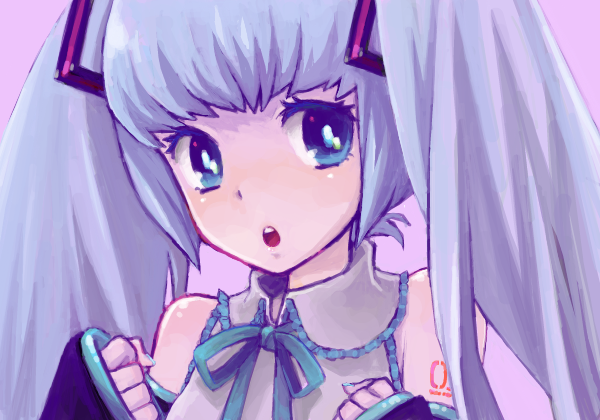 saikachi, saikachi (ogre tree), hatsune miku, vocaloid, bad drawr id, bad id, 1girl, alternate hairstyle, blue eyes, blue hair, bow, bowtie, detached sleeves, drawr, female focus, matching hair/eyes, solo, twintails