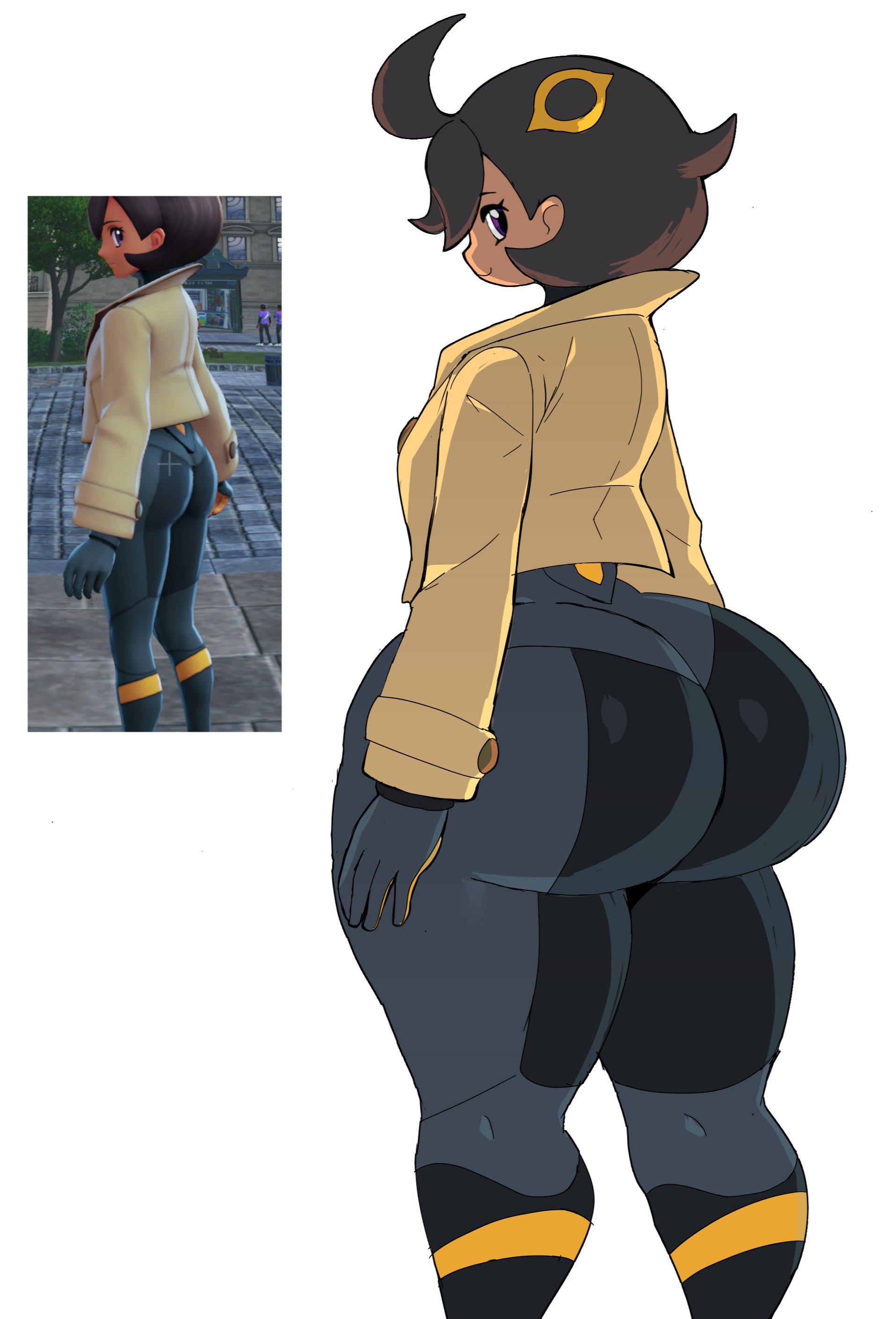 cyberlord1109, emma (pokemon), nintendo, pokemon, pokemon legends: z-a, absurdres, commentary, english commentary, highres, 1girl, 2025, alternate breast size (larger), arm at side, ass, ass focus, ass shake, black bodysuit, black hair, blue eyes, bob cut, bodysuit, bodysuit under clothes, breasts, brown jacket, closed mouth, curvy, dark-skinned female, dark skin, feet out of frame, female focus, from behind, huge ass, jacket, long sleeves, looking at viewer, looking back, meme, shiny clothes, shiny skin, short hair, sideboob, sitting, smile, solo, wide hips