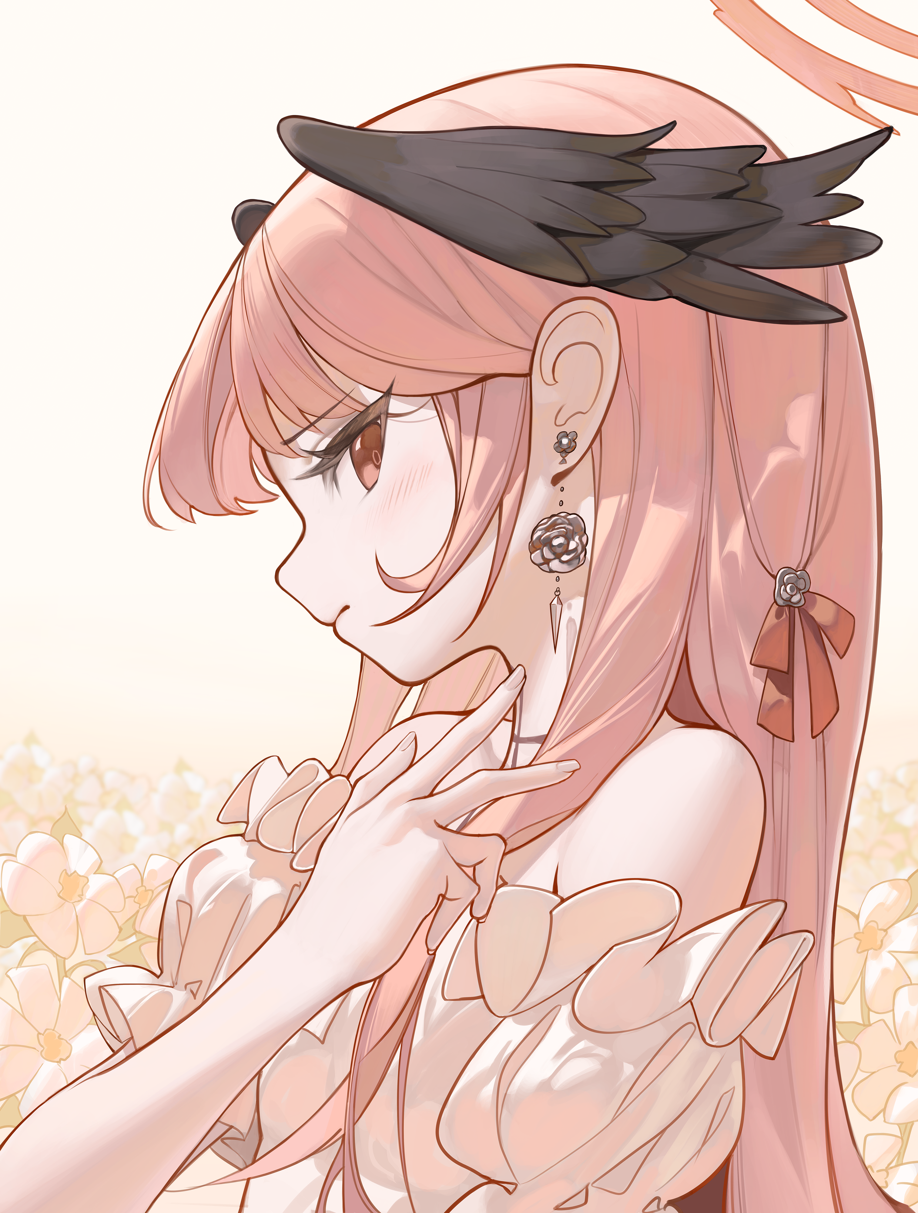 komodo, koharu (blue archive), blue archive, absurdres, commentary, english commentary, highres, 1girl, alternate costume, black wings, blush, bow, dress, earrings, feathered wings, halo, head wings, jewelry, long hair, looking at viewer, pink eyes, pink hair, solo, twintails, white dress, wing ears, wings
