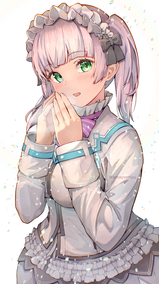 amayomiyu, heaven burns red, commentary, 1girl, blunt bangs, bow, bowtie, breasts, breath, cold, cowboy shot, frilled hairband, frilled skirt, frills, green eyes, hairband, happy birthday, large breasts, lolita fashion, lolita hairband, long hair, long sleeves, looking at viewer, outdoors, own hands together, purple bow, purple bowtie, shirt, simple background, skirt, solo, steam, sugawara chie, twintails, twitter username, white background, white hair, white shirt, white skirt