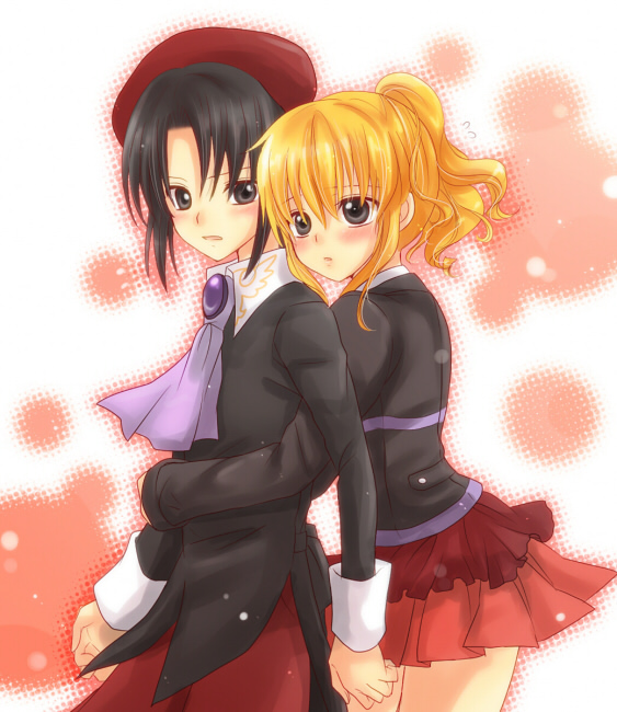 maekawa suu, kanon (umineko), ushiromiya jessica, umineko no naku koro ni, 00s, black hair, blonde hair, hug, hug from behind, ponytail, skirt