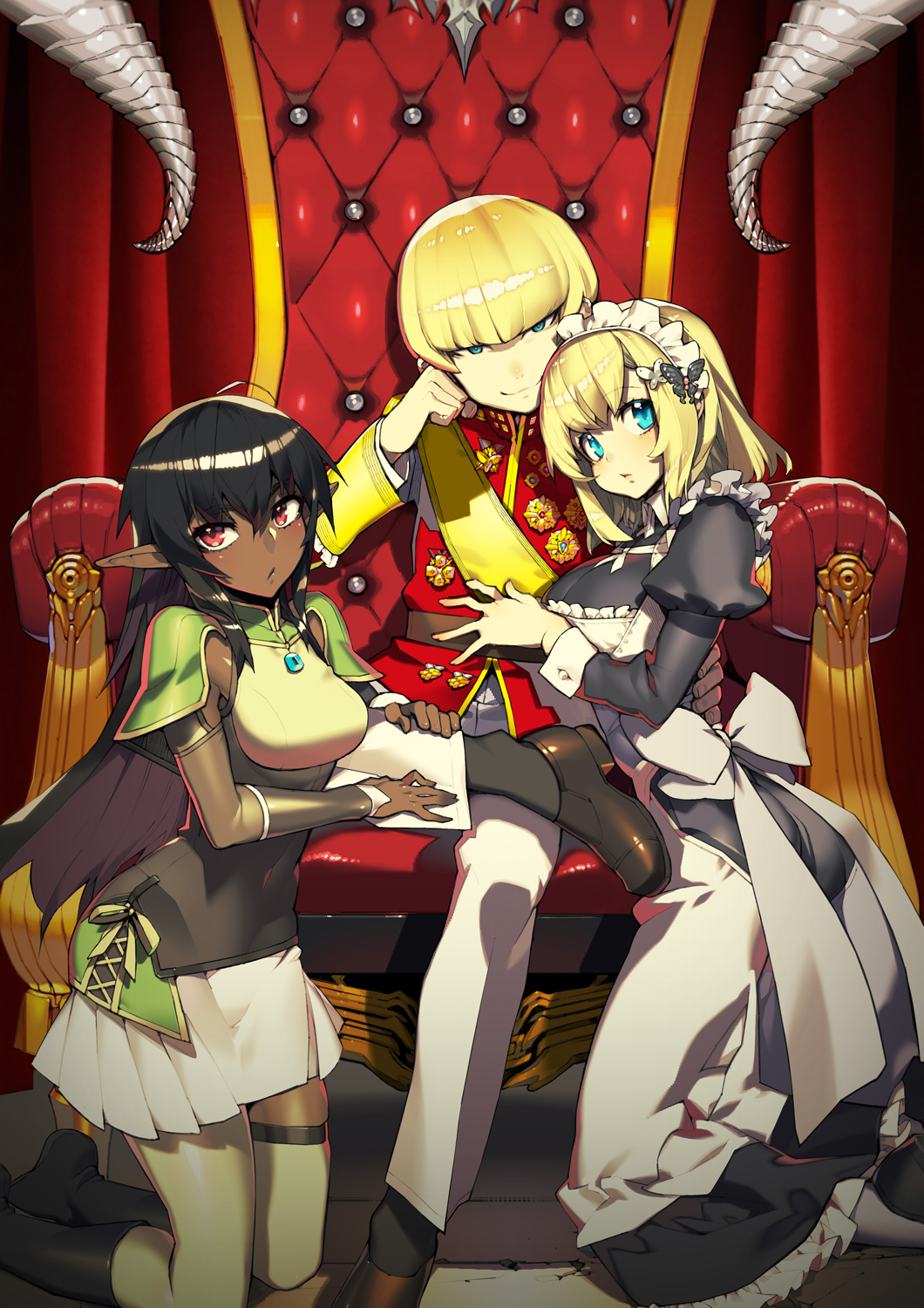 namaniku atk, commentary request, highres, official art, 1boy, 2boys, ahoge, apron, black boots, black hair, black shoes, black socks, blonde hair, blue eyes, blunt bangs, boots, bow, breasts, butterfly hair ornament, chair, cover, cover page, dark-skinned female, dark elf, dark skin, dress, elf, figure four sitting, hair ornament, hands on another's leg, head on hand, jacket, juliet sleeves, kneeling, large breasts, leaning on person, long dress, long hair, long sleeves, looking at viewer, maid, maid apron, maid headdress, medium breasts, medium hair, military uniform, multiple boys, novel cover, pants, pointy ears, puffy sleeves, red eyes, red jacket, sash, shoes, short hair, sitting, sitting on throne, skirt, sleeve cuffs, smug, socks, ulgallia senki, white apron, white bow, white pants, white skirt, yellow sash