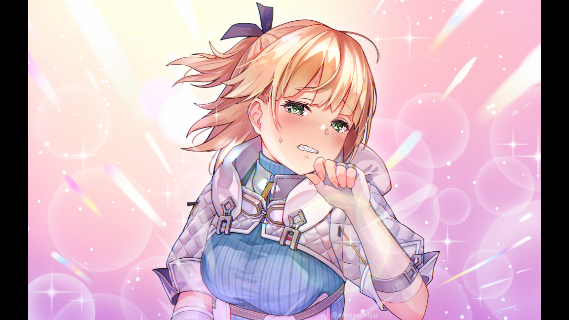 amayomiyu, nanase nanami (heaven burns red), heaven burns red, commentary, 1girl, black ribbon, blonde hair, blue sweater, blush, breasts, clenched teeth, fingerless gloves, fingernails, floating hair, gloves, green eyes, hair ribbon, half updo, hand up, large breasts, looking at viewer, medium hair, pink background, ponytail, ribbed sweater, ribbon, short ponytail, simple background, solo, sparkle, sweatdrop, sweater, teeth, turtleneck, turtleneck sweater, upper body, wavy mouth, white gloves