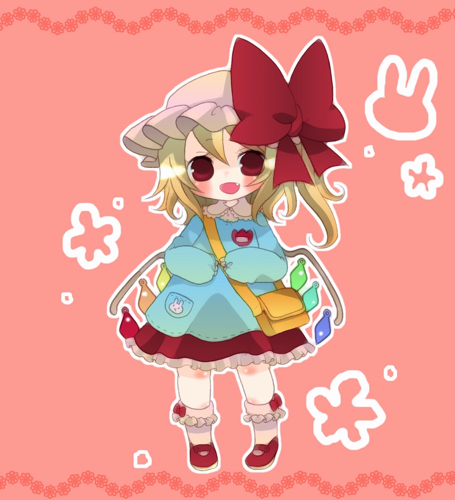 haru (citron citron), flandre scarlet, touhou, bad id, bad pixiv id, 1girl, bag, blonde hair, blouse, blue shirt, blush, bow legwear, child, collared shirt, female focus, frilled socks, frills, hat, kindergarten, kindergarten uniform, looking at viewer, mob cap, own hands together, patch, pink background, ponytail, rabbit symbol, red eyes, red shoes, shirt, shoes, short hair, side ponytail, smile, socks, solo, white hat, white socks, wings