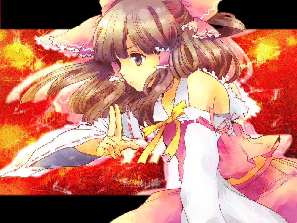 raraoa (lalaoa), hakurei reimu, touhou, 1girl, bow, brown hair, detached sleeves, female focus, half updo, japanese clothes, miko, short hair, solo