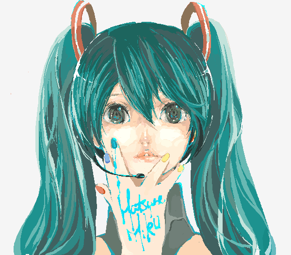 4kg, hatsune miku, vocaloid, 1girl, aqua hair, female focus, headset, lips, nail polish, oekaki, solo, twintails, white background