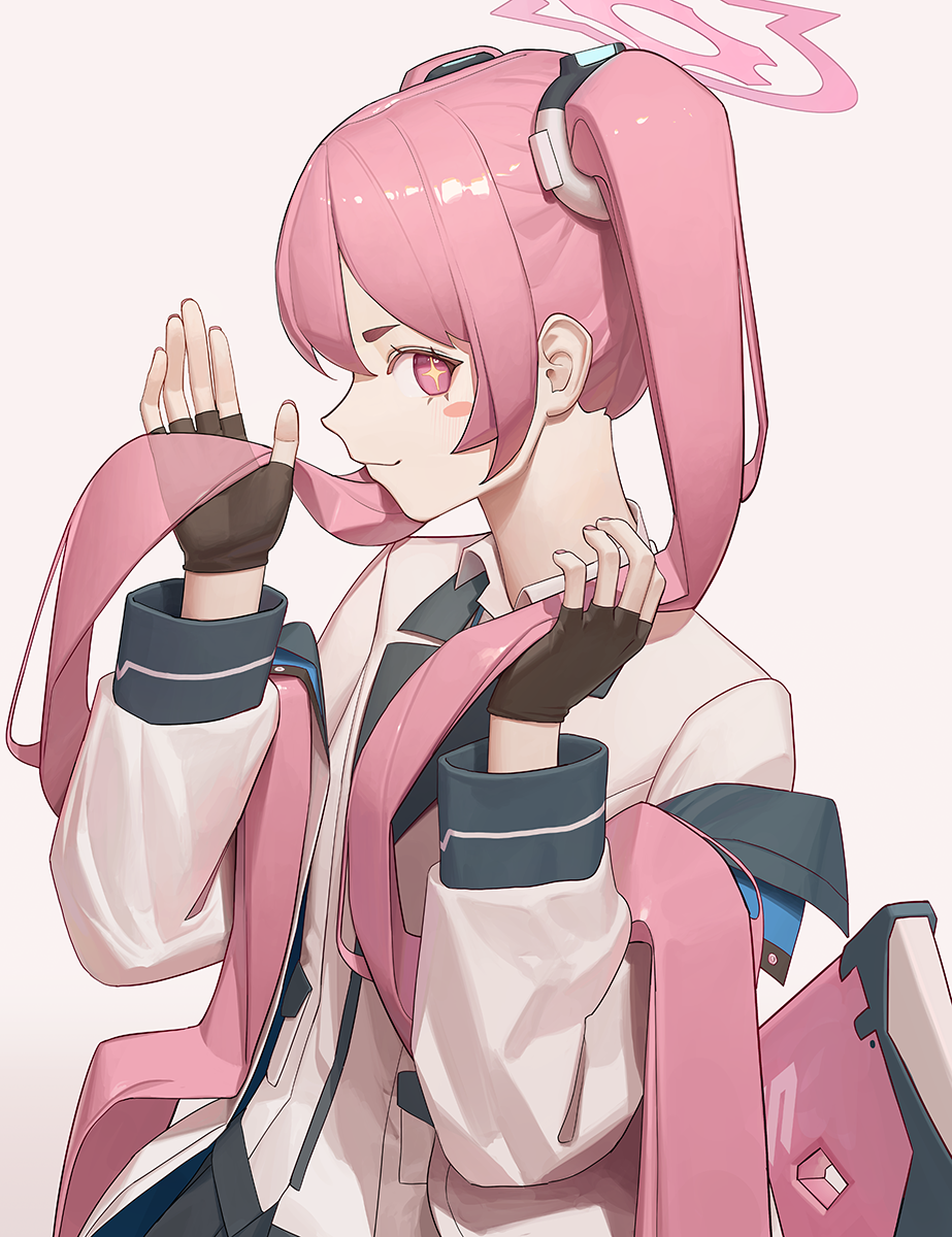 komodo, koyuki (blue archive), blue archive, commentary, highres, 1girl, blue necktie, blush, gloves, hair between eyes, halo, jacket, long hair, long sleeves, looking at viewer, necktie, pink eyes, pink hair, pink halo, shirt, smile, solo, twintails, very long hair