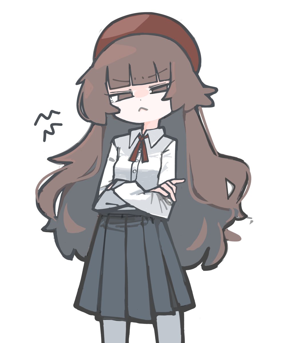 original, highres, 1girl, bb 14hz, beret, black skirt, brown eyes, brown hair, chibi, closed mouth, collared shirt, crossed arms, hat, long hair, long sleeves, pantyhose, pleated skirt, shirt, skirt, solo, very long hair, white background, white shirt
