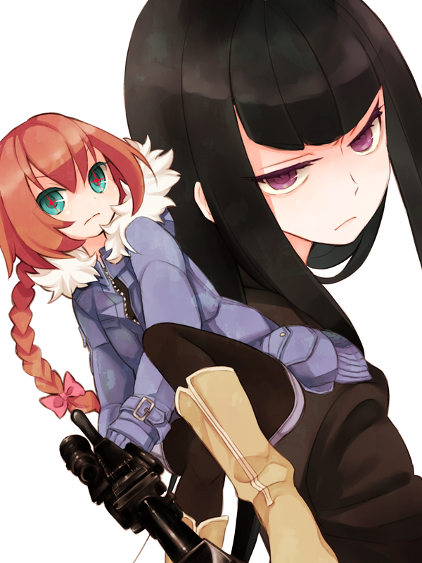 emdo (norabbit), hazuki mina (darker than black), suou pavlichenko, darker than black, bad id, bad pixiv id, 00s, anti-materiel rifle, black hair, blue eyes, blunt bangs, bolt action, boots, braid, coat, formal clothes, gun, hair ribbon, long hair, orange hair, pantyhose, ptrd-41, purple eyes, ribbon, rifle, short hair, sniper rifle, suit, weapon