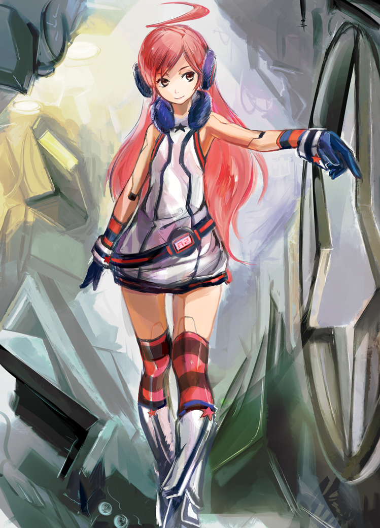 conjaku, sf-a2 miki, vocaloid, 1girl, ahoge, android, belt, boots, dress, female focus, gloves, headphones, joints, kneehighs, long hair, pink hair, red eyes, robot joints, smile, socks, solo, star (symbol), striped clothes, striped gloves, striped socks, striped thighhighs, thighhighs, wrist cuffs