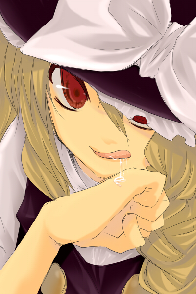sakurai unan, kirisame marisa, touhou, bad id, bad pixiv id, 1girl, blonde hair, female focus, hat, red eyes, saliva, solo, upper body