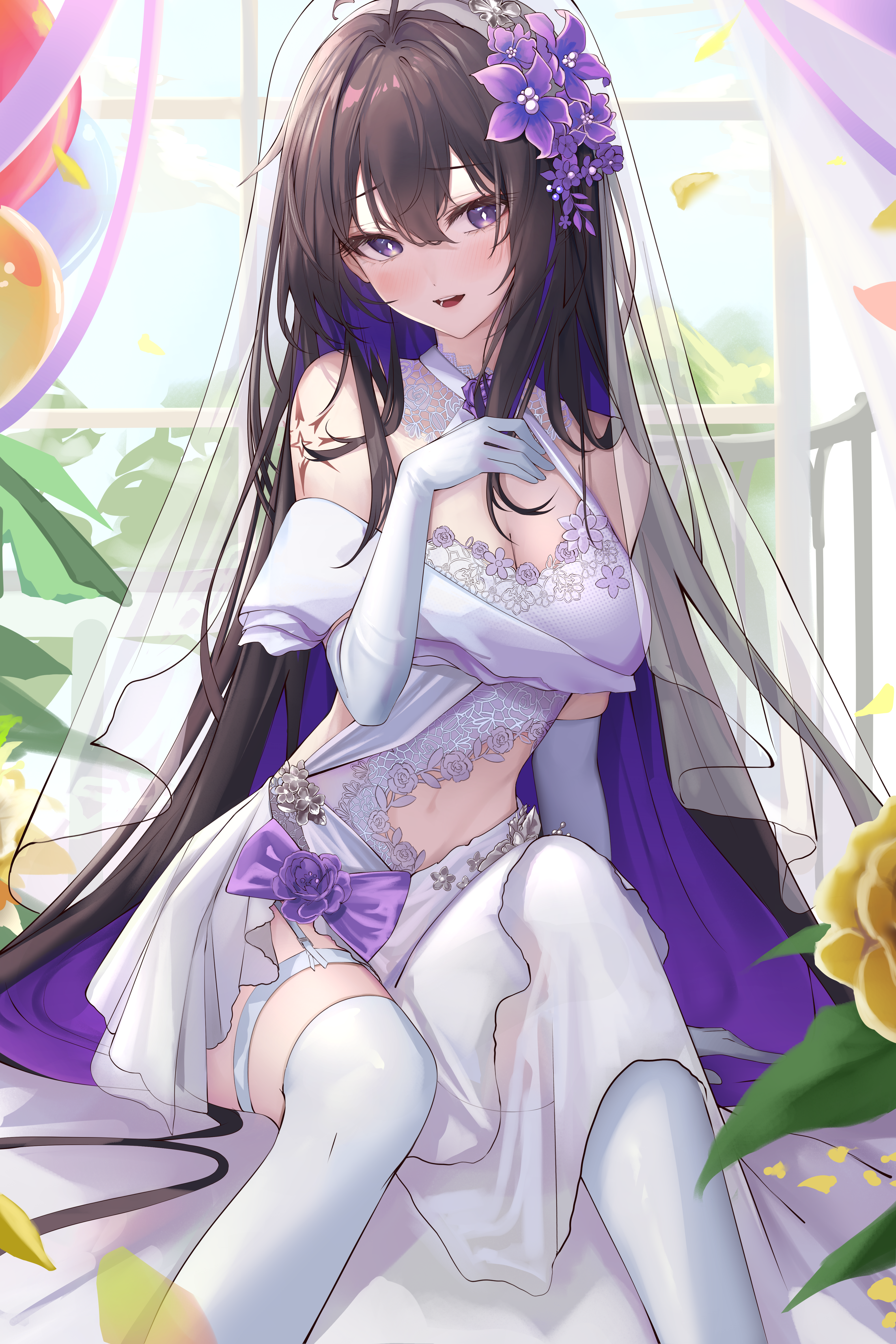 nootak, original, absurdres, commentary, english commentary, highres, 1girl, bare shoulders, black hair, bow, breasts, bridal veil, cleavage, dress, elbow gloves, flower, gloves, hair flower, hair ornament, large breasts, long hair, looking at viewer, navel, off-shoulder dress, off shoulder, open mouth, purple bow, purple eyes, purple flower, see-through clothes, see-through veil, shoulder blades, sitting, solo, thighhighs, veil, wedding dress, white dress, white gloves, white thighhighs, window
