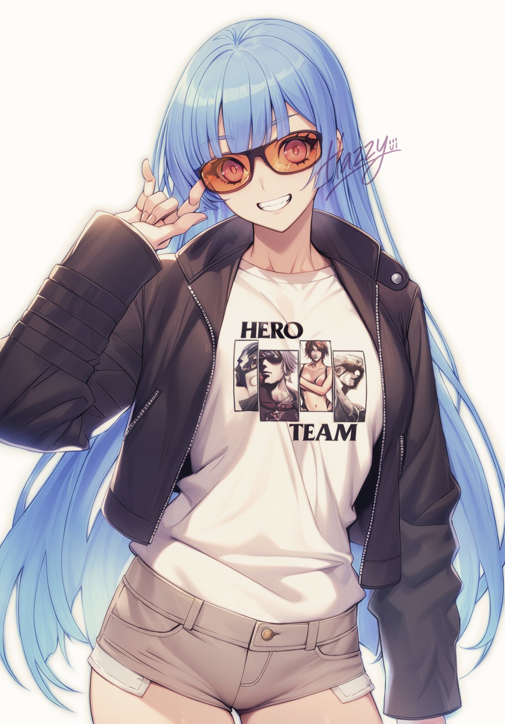hazzyiii1108, k' (kof), kula diamond, snk, the king of fighters, highres, 1girl, adjusting eyewear, artist name, black jacket, blue hair, female focus, glasses, grey shorts, grin, jacket, k' (cosplay), leather, leather jacket, long hair, looking at viewer, open clothes, open jacket, orange-tinted eyewear, red eyes, shirt, short shorts, shorts, smile, solo, teeth, tinted eyewear, very long hair, white background, white shirt