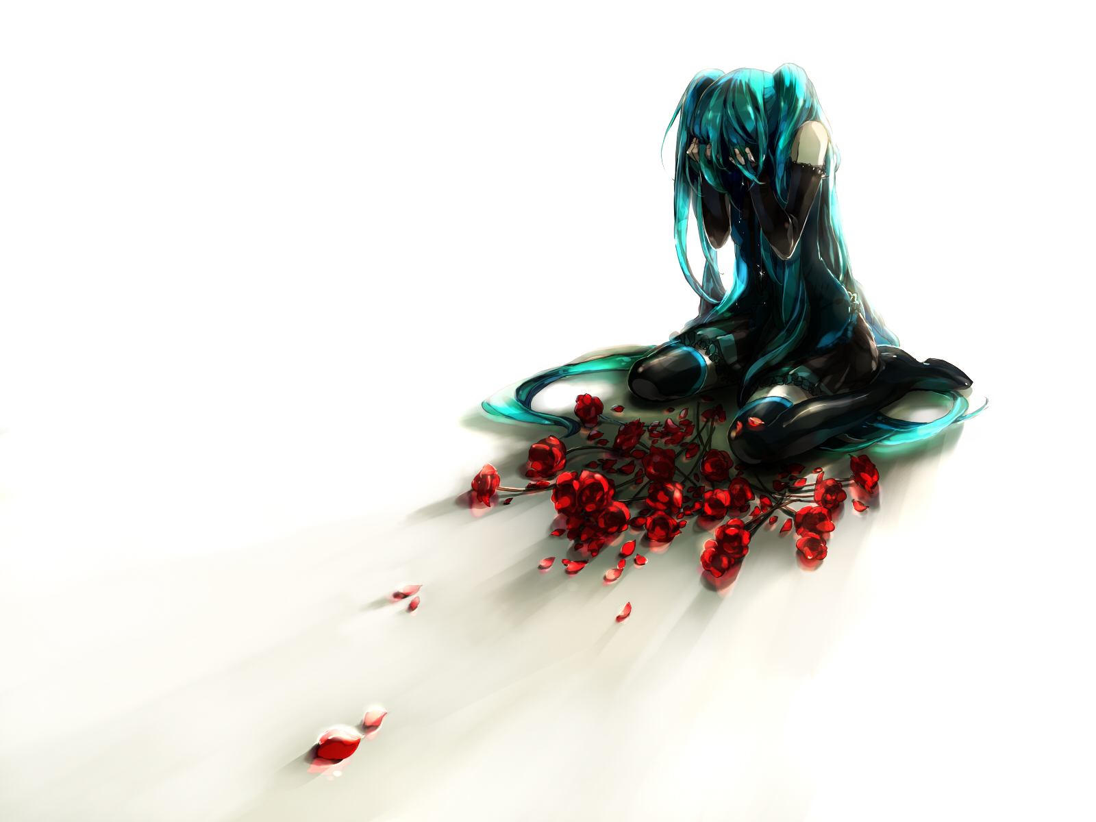 gou (tomero), tomero, hatsune miku, vocaloid, bad id, bad pixiv id, highres, 1girl, aqua hair, backlighting, detached sleeves, elbow gloves, female focus, flower, gloves, long hair, petals, rose, rose petals, sad, shadow, simple background, sitting, skirt, solo, tears, thighhighs, twintails, very long hair, white background, zettai ryouiki