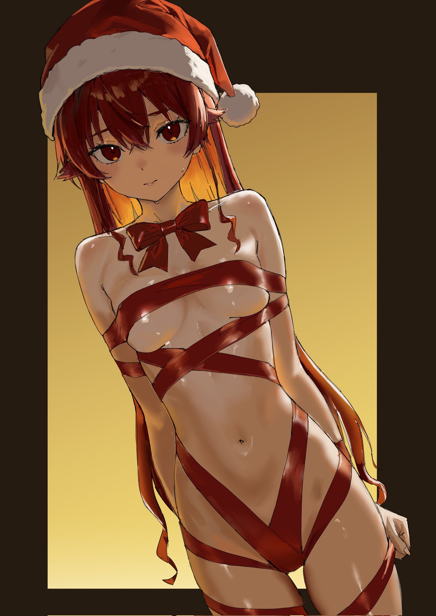 eris greyrat, mushoku tensei, commentary request, highres, 1girl, black border, border, breasts, christmas, closed mouth, cowboy shot, crossed bangs, fur-trimmed headwear, fur trim, gradient background, hair between eyes, hat, long hair, looking at viewer, medium breasts, naked ribbon, navel, outside border, red eyes, red hair, red hat, red ribbon, ribbon, rkgktomato, santa hat, solo, sweat, very long hair, wrapped up, yellow background