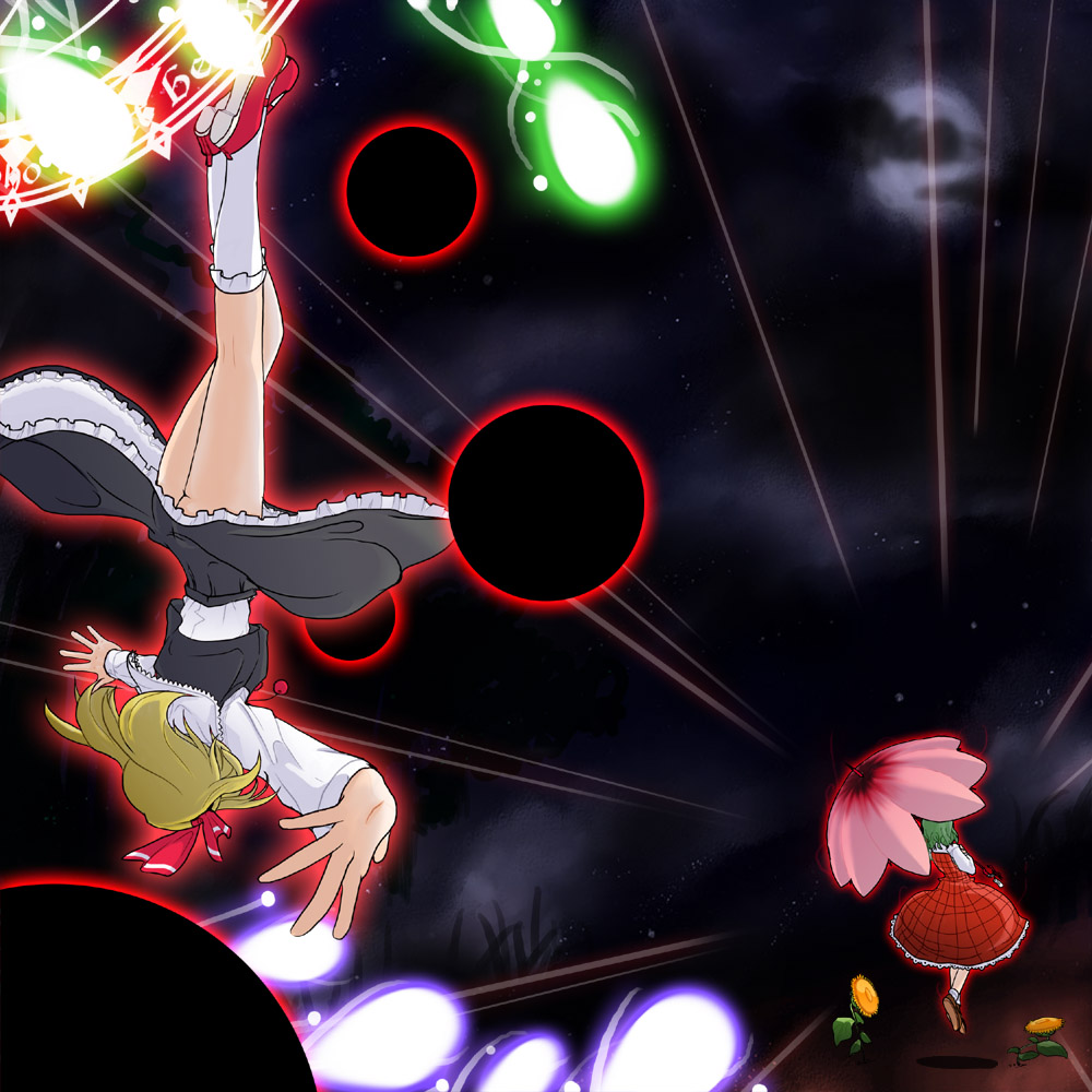 yomogi opa, kazami yuuka, rumia, touhou, bad id, bad pixiv id, 2girls, battle, blonde hair, dandelion, danmaku, emphasis lines, female focus, flower, from behind, green hair, hair ribbon, magic circle, multiple girls, night, no panties, parasol, plaid clothes, plaid skirt, plaid vest, red eyes, ribbon, short hair, skirt, skirt set, sky, star (sky), starry sky, sunflower, umbrella, upside-down, vest