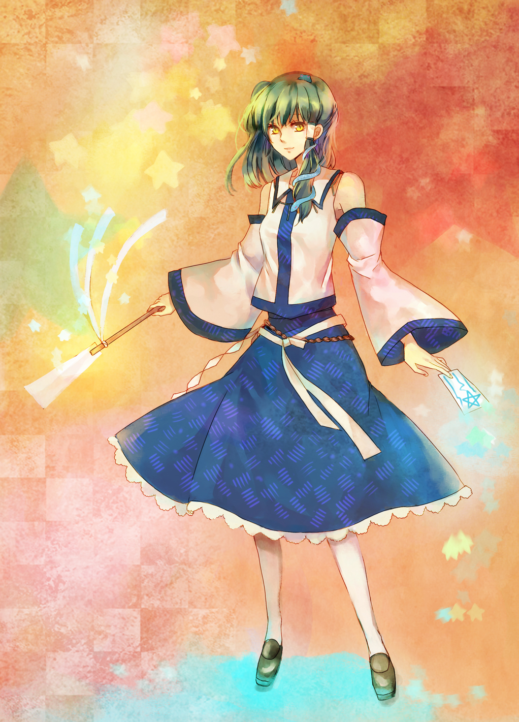 nr (cerumia), nr (cmnrr), nr (pixiv), kochiya sanae, touhou, bad id, bad pixiv id, highres, 1girl, detached sleeves, female focus, frog, green hair, hair ornament, short hair, snake, solo, yellow eyes