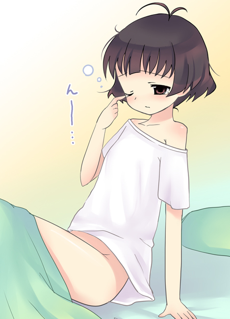 teu (navy), tiurin, akizuki ryo, idolmaster, idolmaster dearly stars, bad id, bad pixiv id, 00s, 1boy, bottomless, male focus, off shoulder, solo, trap, waking up