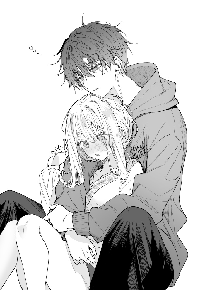 kazutake hazano, fuyukawa kagari, terui soushichi, hakanai kimi wa moukou wo hajimeru, 1boy, 1girl, blush, couple, greyscale, hetero, hood, hood down, hoodie, hug, hug from behind, long sleeves, monochrome, pants, parted lips, signature, simple background, sitting, sleepy, white background
