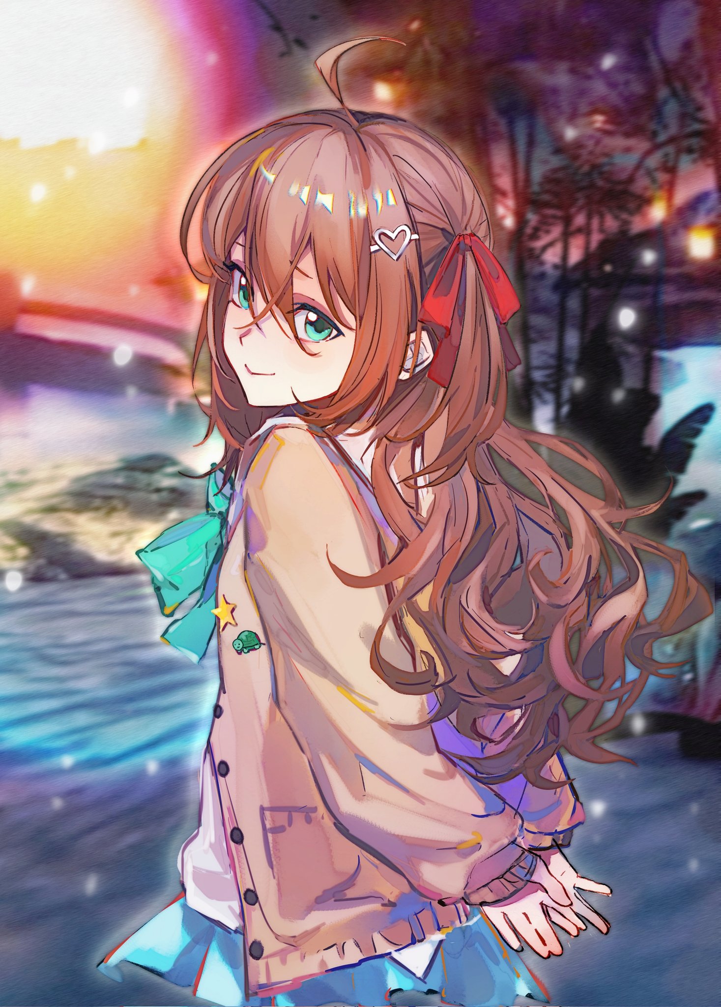 neuro-sama, commentary, english commentary, highres, 1girl, ahoge, aqua bow, aqua bowtie, badge, blue eyes, blue skirt, blurry, bow, bowtie, brown hair, button badge, cardigan, closed mouth, cowboy shot, depth of field, dolo res04xh, from behind, hair between eyes, hair ornament, hair ribbon, heart, heart hair ornament, long hair, long sleeves, looking at viewer, looking to the side, outdoors, pleated skirt, red ribbon, ribbon, shirt, skirt, smile, solo, two side up, vedal ai, virtual youtuber, white shirt, yellow cardigan