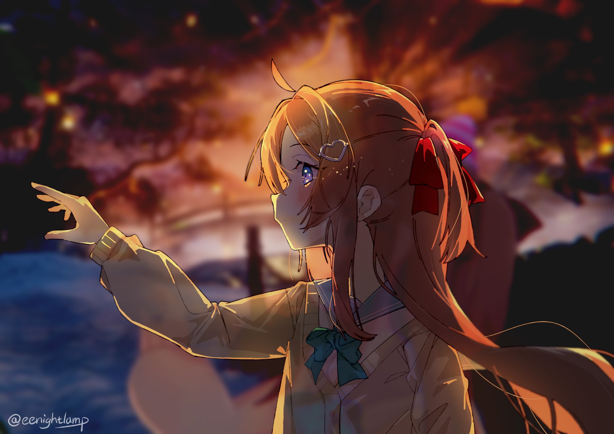 eenightlamp, neuro-sama, commentary, english commentary, highres, 1girl, ahoge, aqua bow, aqua bowtie, blue eyes, blue sailor collar, bow, bowtie, brown hair, cardigan, closed mouth, from side, hair between eyes, hair ornament, hair ribbon, heart, heart hair ornament, long hair, long sleeves, profile, red ribbon, ribbon, sailor collar, solo, twitter username, two side up, upper body, vedal ai, virtual youtuber, yellow cardigan